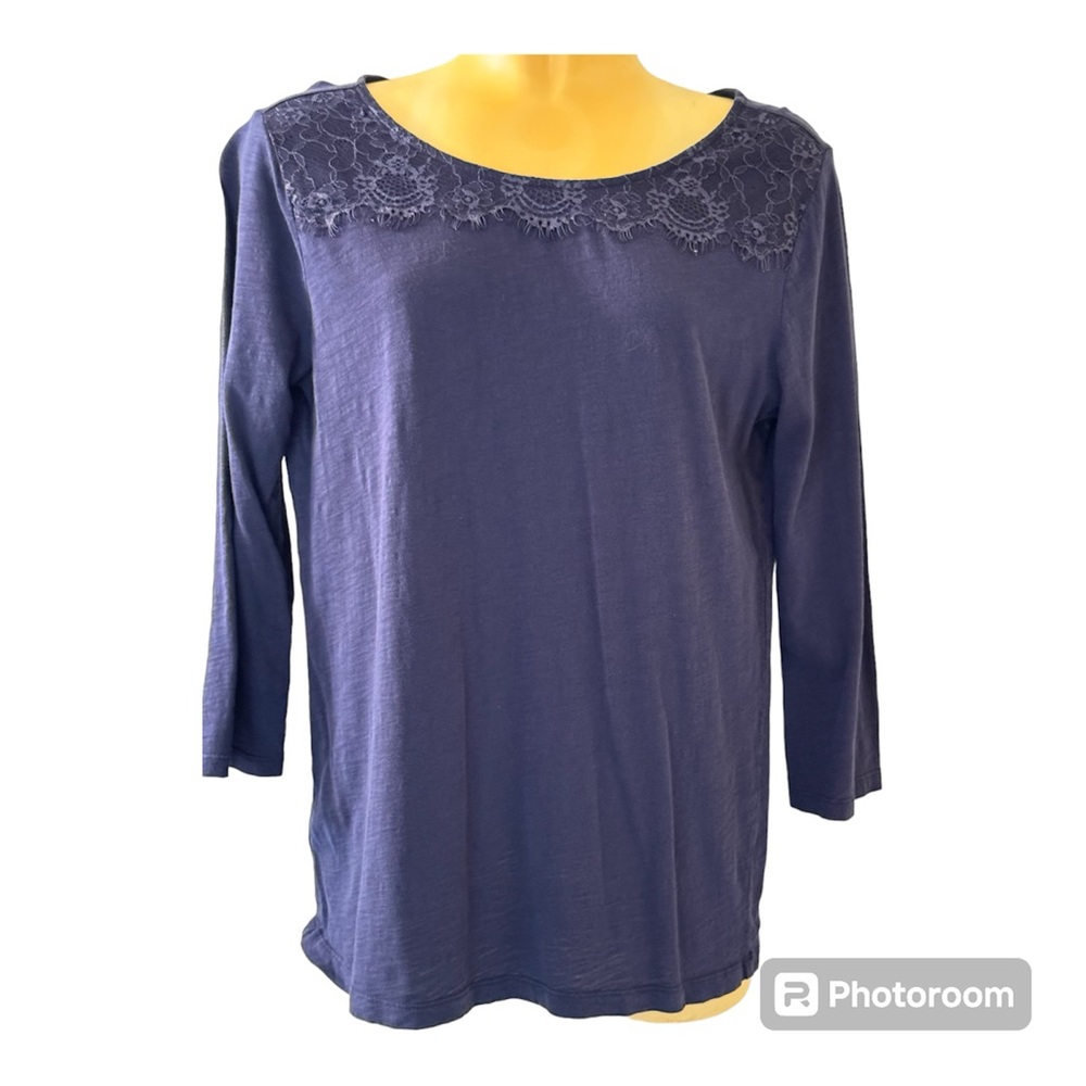 EUC Ann Taylor Loft Navy 3/4 Length Sleeve Top 100% cotton Lace Appliqué